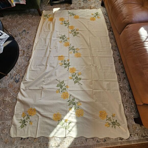 Vintage "Progress"  Cross Stiched Yellow Tailsmanrose 60 X 90 Oblong Tablecloth, - Picture 1 of 4